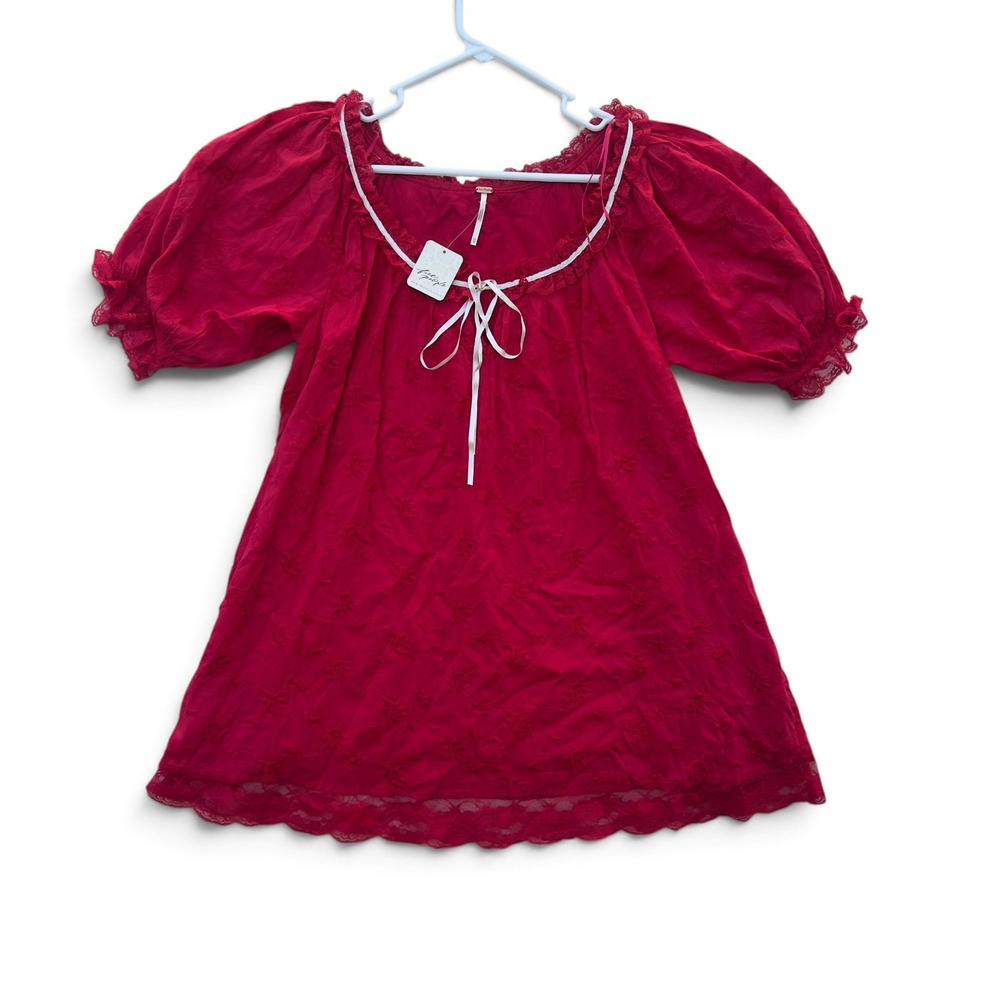 Free People Womens XS Retro Red Lace Mini Dress Puff Sleeve Babydoll NWT Floral